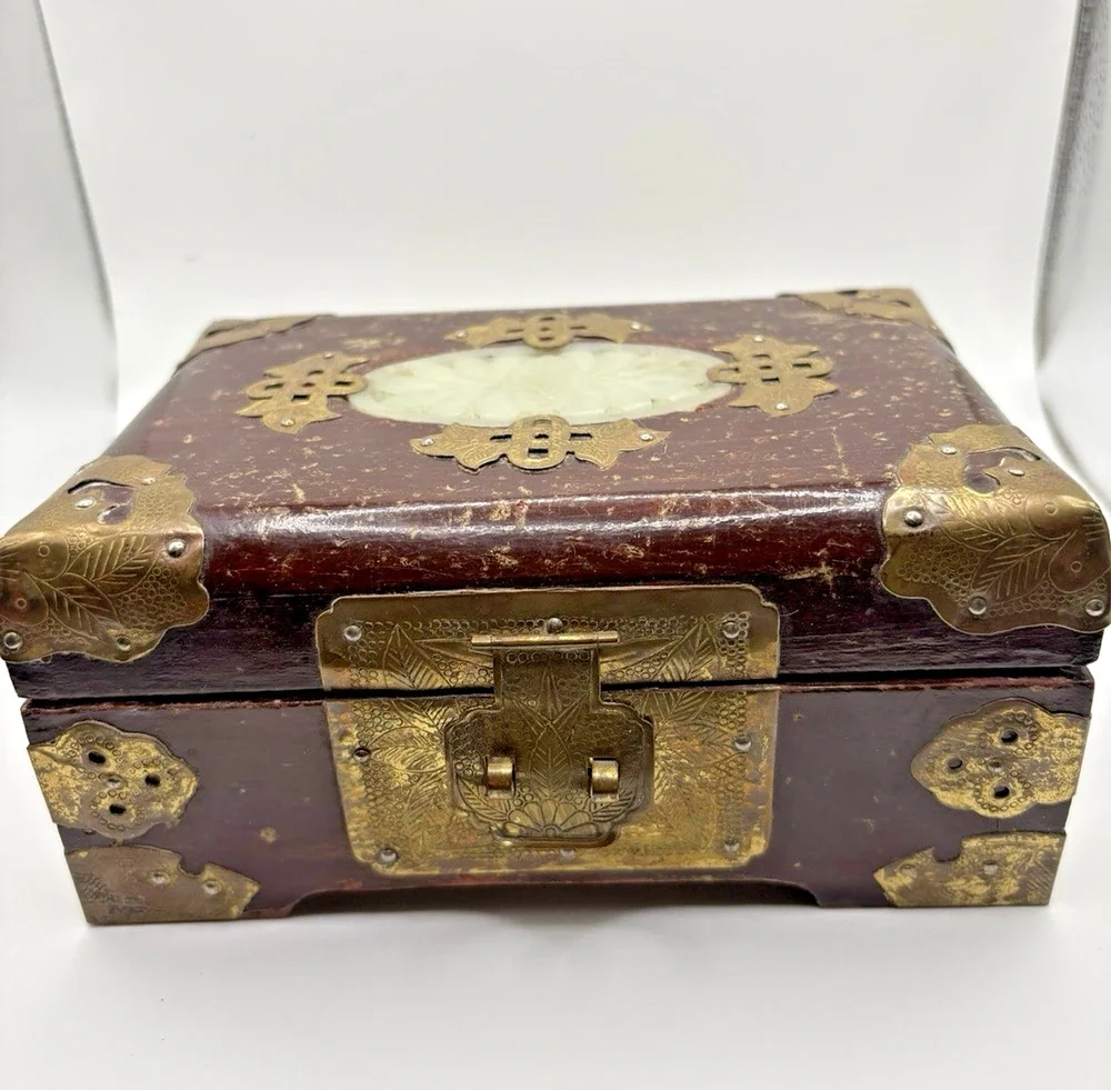 Vintage Chinese Jewelry Box Rosewood Jade Brass Fish Floral Details 6.5”x4”x3”